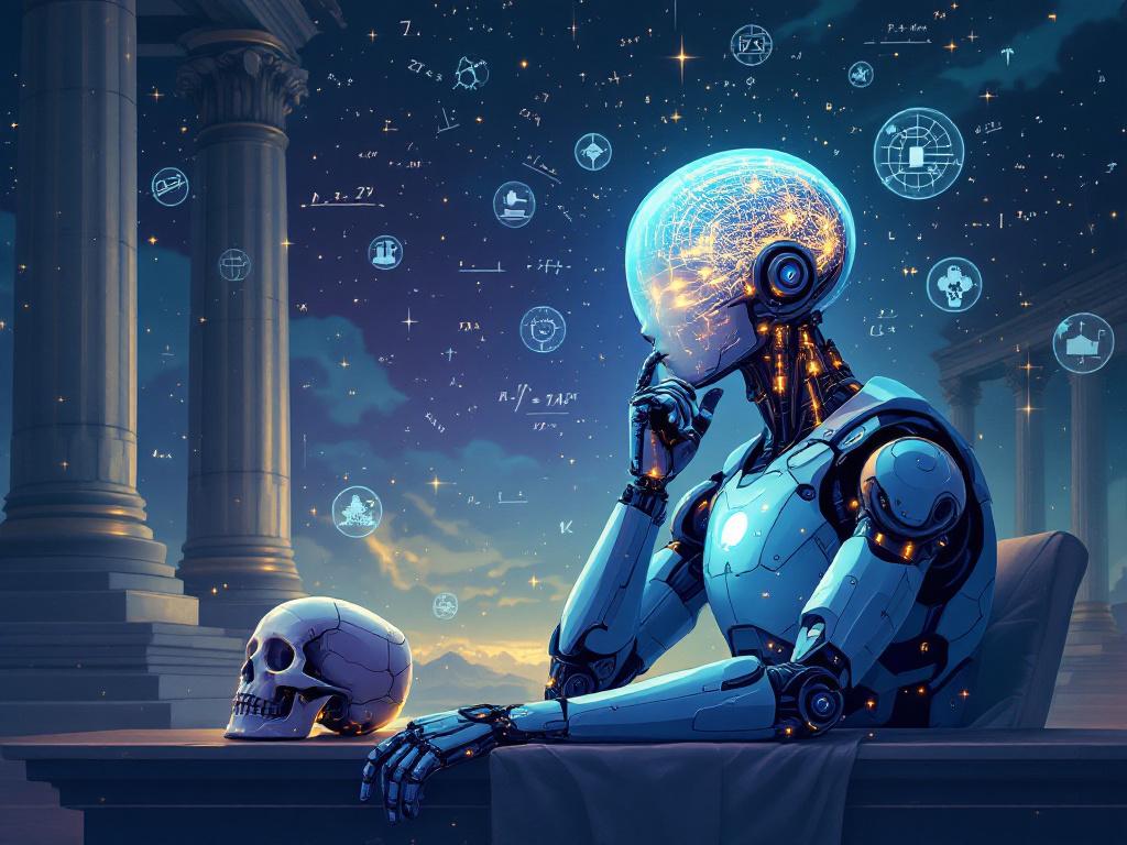 Image generated with "LeChat", with the prompt "Please generate an image of an AI that is thinking deeply. Philosophical references may be welcomed, for instance like the classic hamlet holding skull cliché."