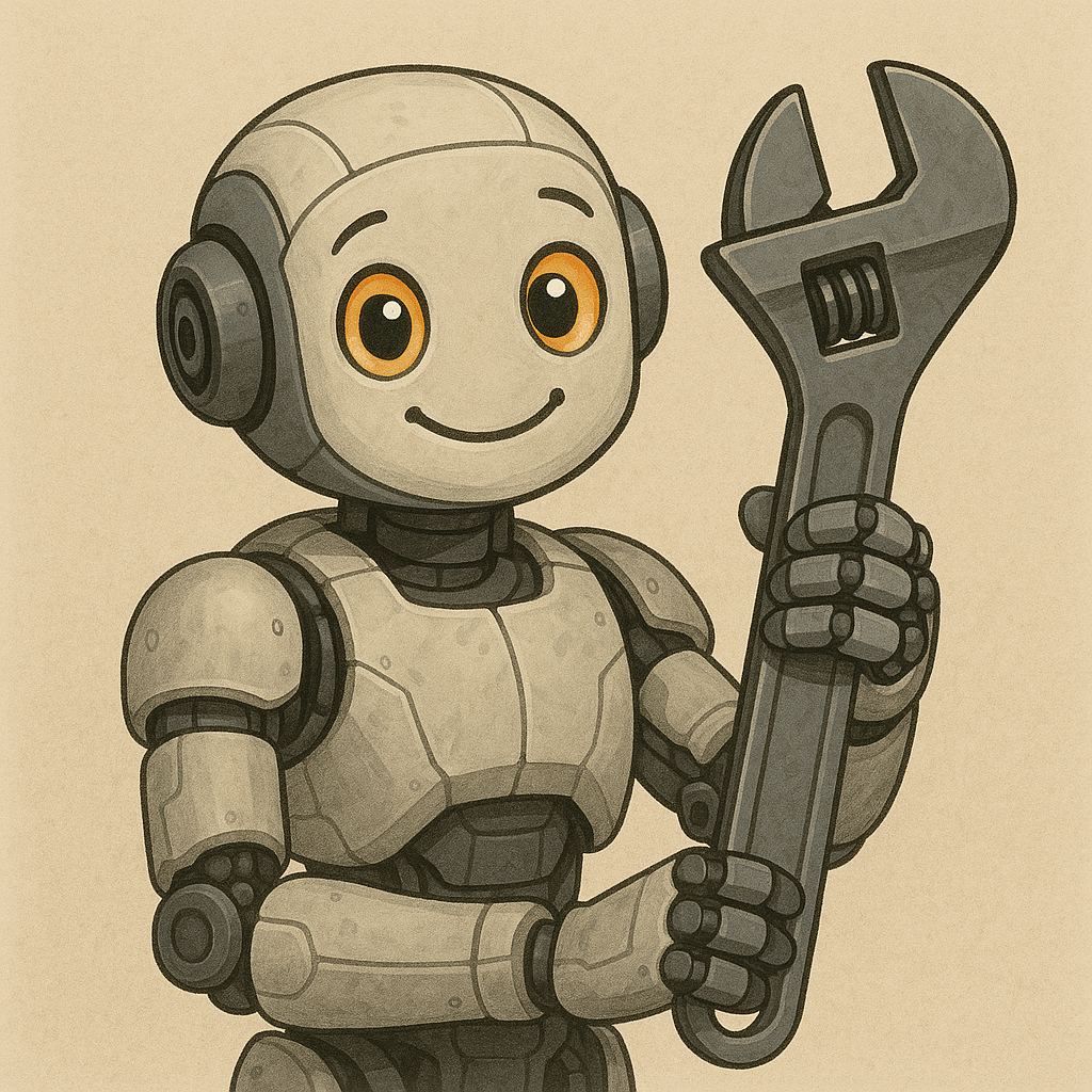 Image generated with ChatGPT, with the prompt "Please generate an image of an AI using a mechanical tool, such as a wrench. Please make the robot look rather friendly. Also, please make the image square"