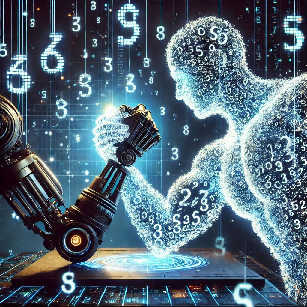 Image generated with "ChatGPT", with the prompt "Please generate an image of a robot arm wrestling a figure made of numbers. This figure does not look like a robot, but more like a human, however it is made of numbers."